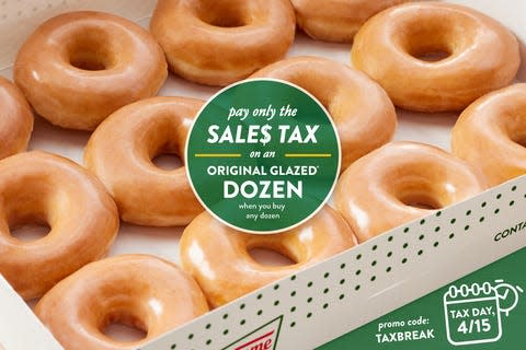 Purchase a dozen Krispy Kreme doughnuts on Tax Day and receive another dozen Original Glazed doughnuts for only the price of the sales tax.