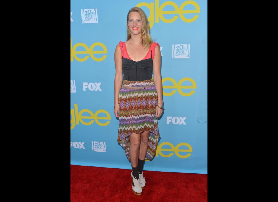 We want answers. Who told the "Glee" actress that it was a good idea to leave her house wearing this? Black socks: Don't look good with mandals nor do they look good with white heeled oxfords. Translation: They never look good.    Hollywood, May 1  (Photo Credit: Getty Images)