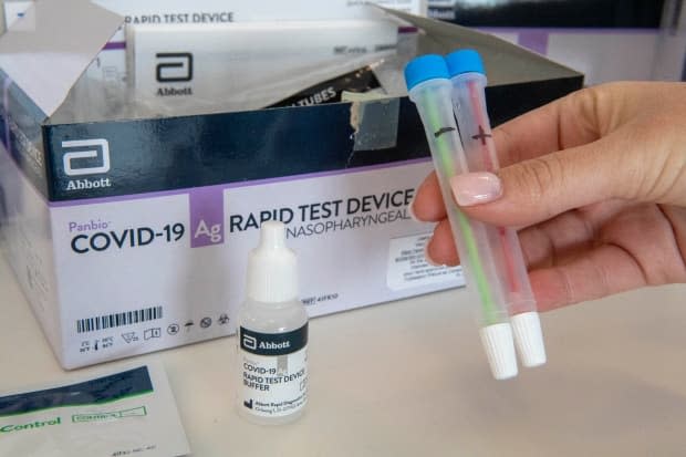 A COVID-19 rapid test kit produced by Abbott is shown at Humber River Hospital in Toronto in November. The U.S. company has applied to Health Canada for authorization of its kit so it can be used by Canadians in their homes. (Frank Gunn/The Canadian Press - image credit)