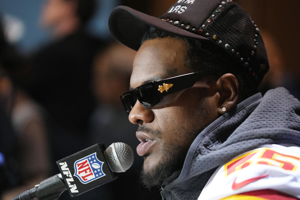 Kansas City Chiefs defensive end Frank Clark answers a question during an NFL football media availability in Scottsdale, Ariz., Thursday, Feb. 9, 2023. The Chiefs will play against the Philadelphia Eagles in Super Bowl 57 on Sunday. (AP Photo/Ross D. Franklin)