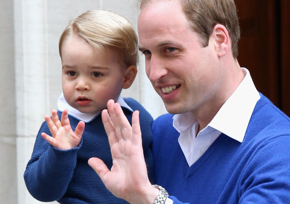 Prince William and Prince George at St. Mary's hospital after Princess Charlotte's birth on May 2, 2015, in London, England.