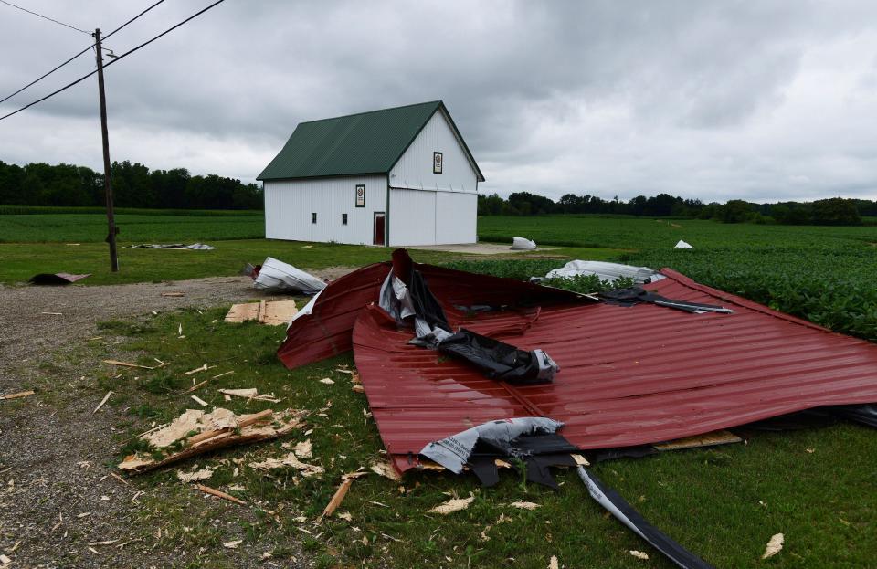 Debris from storm damage is seen on Thursday, July 13, 2023, in Colon, Mich. In southern Michigan, a team from the weather service and local emergency management will survey damage Thursday from a possible tornado that was reported Wednesday night near the village of Colon, about 30 miles (48 kilometers) southeast of Kalamazoo.