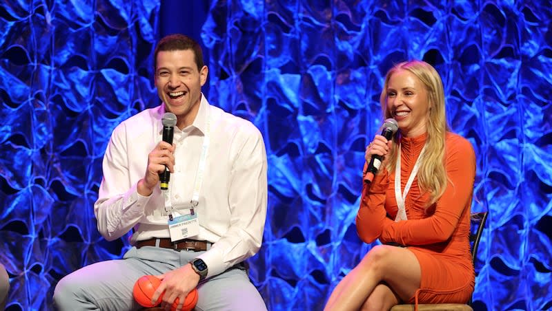 Jimmer Fredette and his wife Whitney share stories about their lives and those of their ancestors during day three of RootsTech at the Salt Palace Convention Center in Salt Lake City Saturday, March 2, 2024.