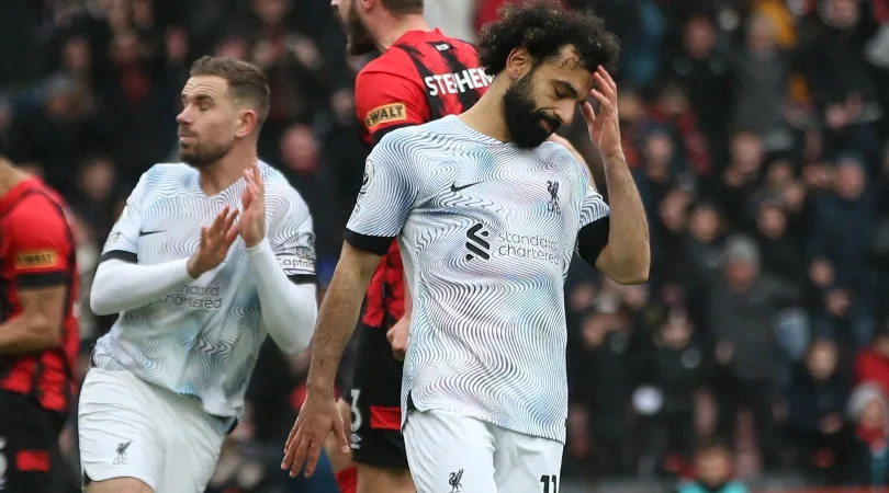 Mohamed Salah looks dejected after missing a penalty against Bournemouth in March 2023.