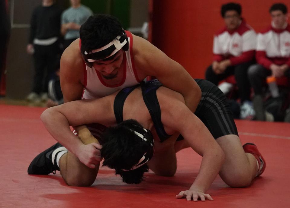 North Rockland's Cristobal Garcia defeats New Rochelle's Henry Meisner in the 190-pound match in the Section 1, Division 1 dual meet tournament at North Rockland High School in Thiells on Thursday, Dec 14, 2023.