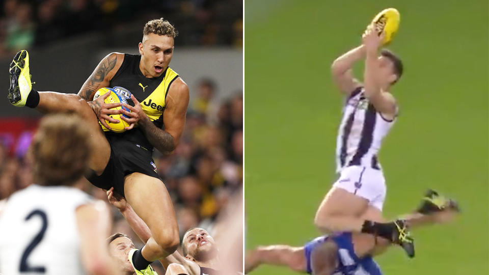 On the right, Collingwood's Brody Mihocek takes a sensational mark and Richmond's Shai Bolton with a similar one on the left.