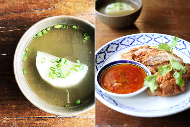 Classics such as &#39;khao mun gai&#39; (Thai chicken rice) with white radish soup offer a touch of familiarity.