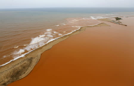 An aerial view of the Rio Doce (Doce River), (bottom) which was flooded with mud after a dam owned by Vale SA and BHP Billiton Ltd burst, at an area where the river joins the sea (top) on the coast of Espirito Santo in Regencia Village, Brazil, November 23, 2015. REUTERS/Ricardo Moraes