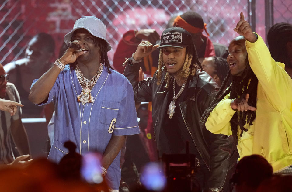 Chief Keef, from left, D-Roc and Tadoe perform at the BET Awards on Sunday, June 25, 2023, at the Microsoft Theater in Los Angeles. (AP Photo/Mark Terrill)