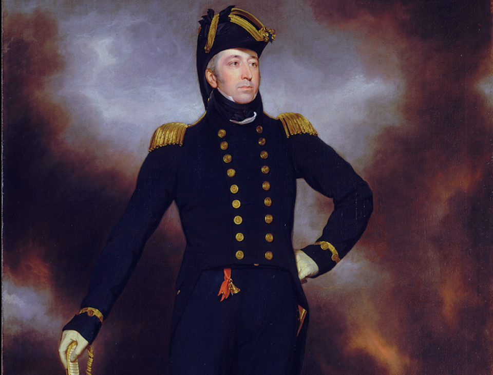 A portrait by John James Halls of Admiral Cockburn stood in front of a burning WashingtonWikimedia Commons/Royal Museums Greenwich