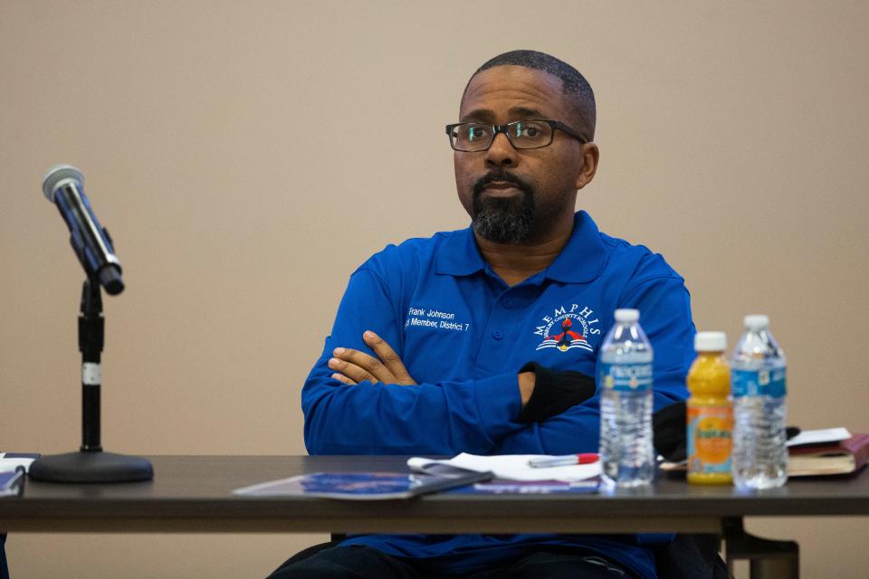 Memphis-Shelby County Schools board member Frank Johnson listens as Yolonda Brown, chief academic officer for Atlanta Public Schools, answers a question while being interviewed by the MSCS board for the superintendent position in Memphis, Tenn., on Friday, February 2, 2024.