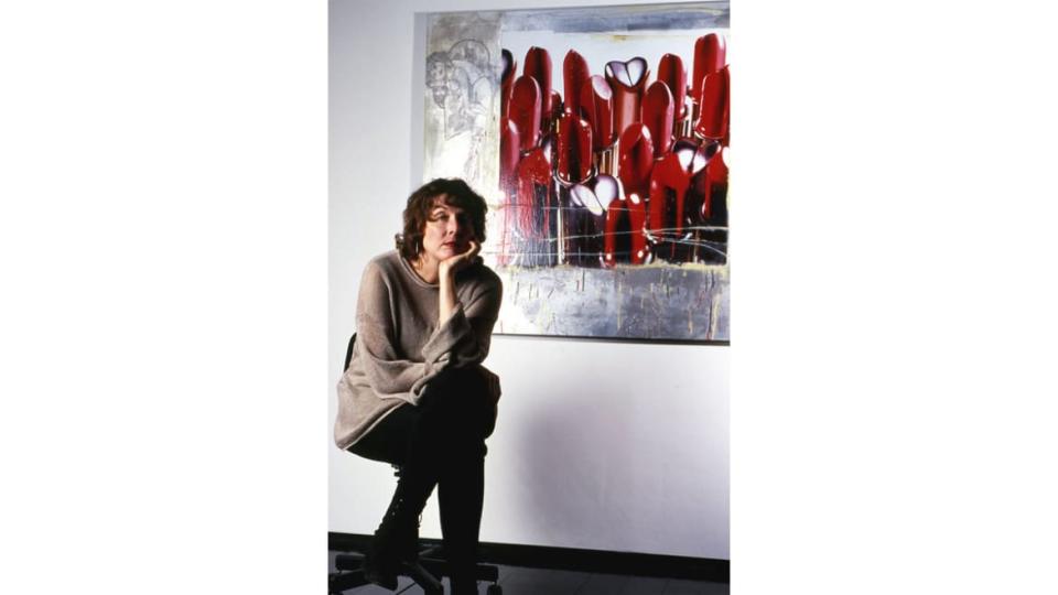 <div class="inline-image__caption"><p>Marilyn Minter poses in front of one of her paintings of lipstick in 1995 in New York City, New York.</p></div> <div class="inline-image__credit">Catherine McGann/Getty Images</div>