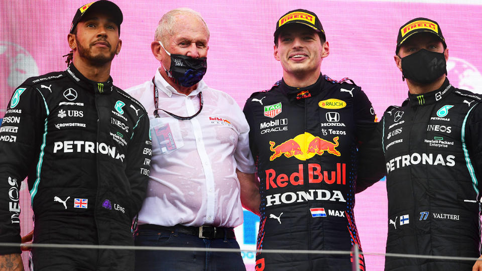 Lewis Hamilton, Max Verstappen and Valtteri Bottas, pictured here on the podium after the Styrian Grand Prix. 