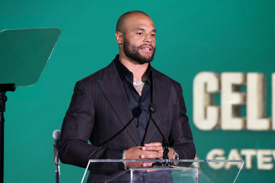 SCOTTSDALE, ARIZONA - APRIL 27: Dak Prescott speaks onstage during Gateway Celebrity Fight Night 2024 on April 27, 2024 in Scottsdale, Arizona. (Photo by Phillip Faraone/Getty Images for Gateway For Cancer Research)