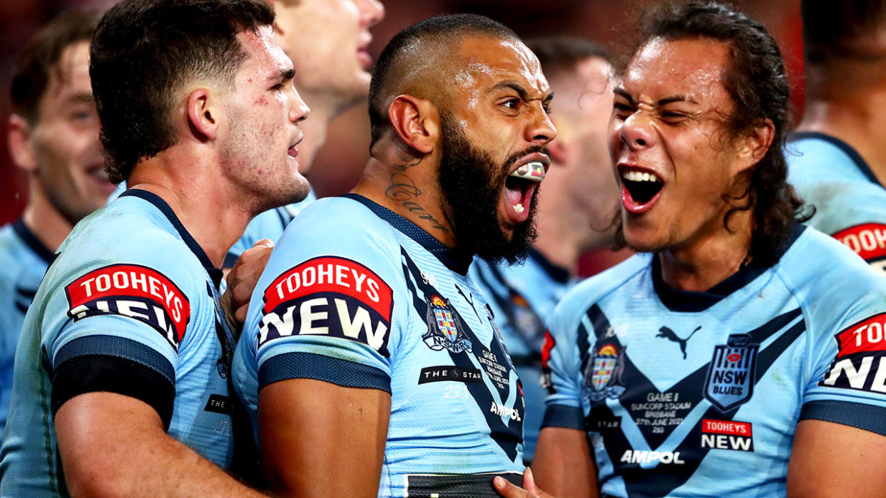 Josh Addo-Carr celebrates after scoring a try in State of Origin game two.