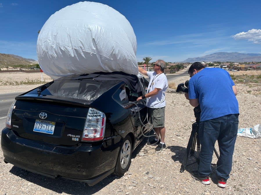 The seven-foot, white, helium balloon assembled by Jon Dorsey, owner of Mr. Balloon, was purchased by an unnamed Lone Mountain resident to illustrate the height of 216 feet, the current maximum height of a proposed Church of Jesus Christ of Latter-Day Saints temple. (KLAS)