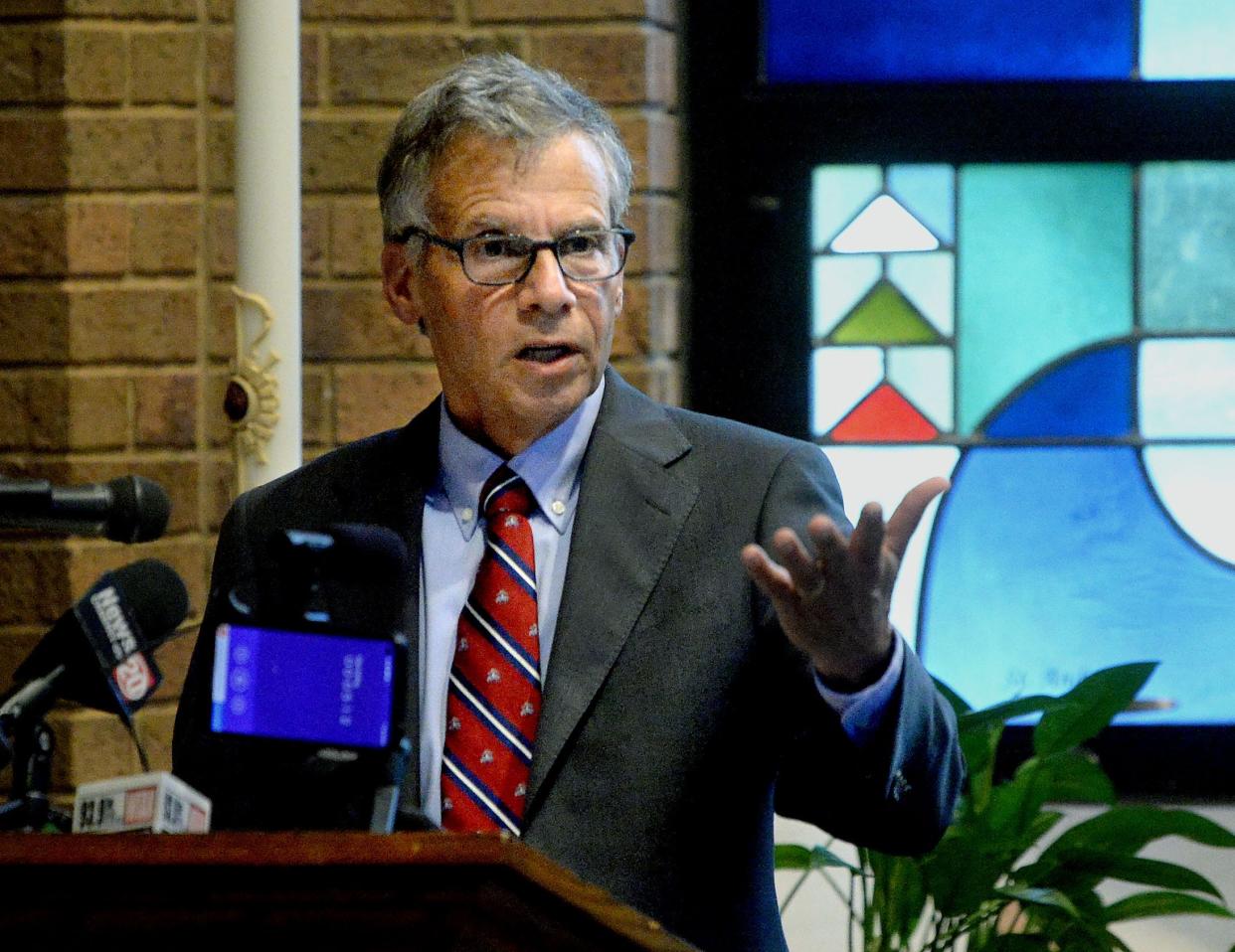  Bill Moredock speaks during a press conference at Sacred Heart-Griffin High School Friday, May 12, 2023, where it was announced he would take over as the school's new president.