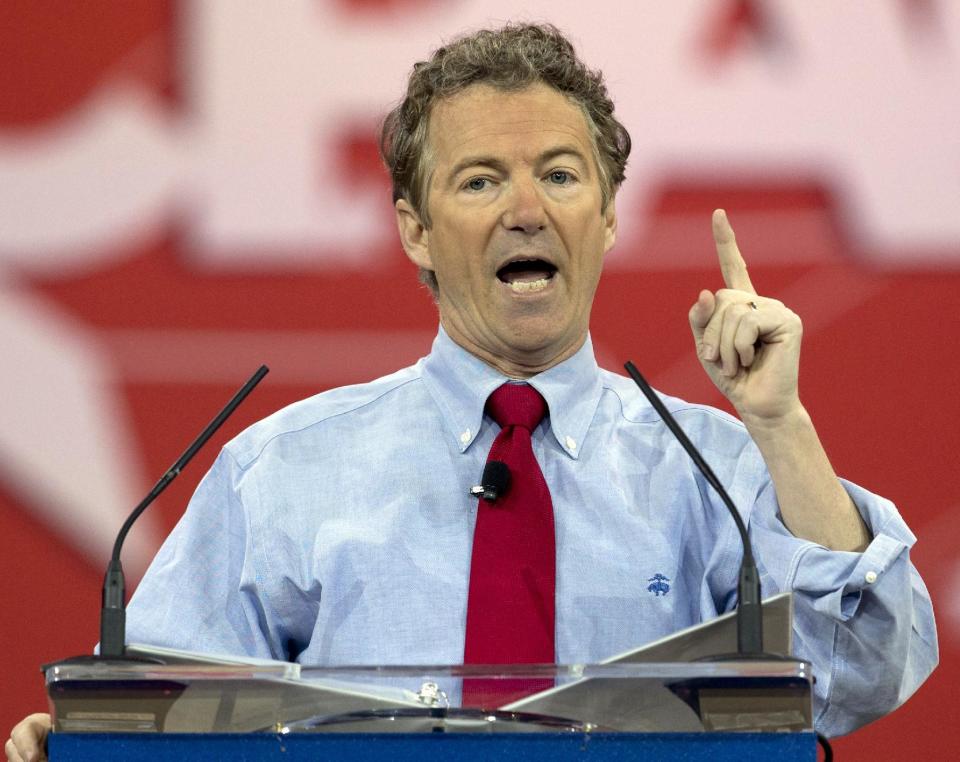 FILE - In this Feb. 27, 2015, file photo, Sen. Rand Paul, R-Ky. speaks during the Conservative Political Action Conference (CPAC) in National Harbor, Md. Paul takes the first step on Saturday, March 7 toward running for president when he asks state party leaders in Kentucky to endorse his idea to create a 2016 presidential caucus. (AP Photo/Carolyn Kaster, File)