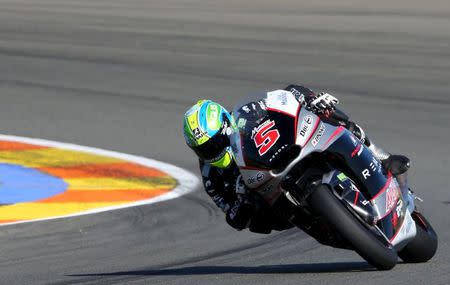 World Champion Kalex Moto2 rider Johann Zarco of France rides his bike during the Valencia Motorcycle Grand Prix at the Ricardo Tormo racetrack in Cheste, near Valencia, November 8, 2015. Rins was second and Luthi third. REUTERS/Heino Kalis