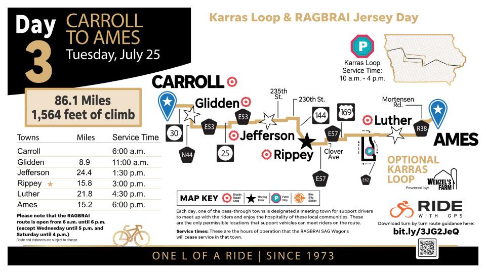 Final map for Day 3 of RAGBRAI's 50th anniversary ride, July 25.
