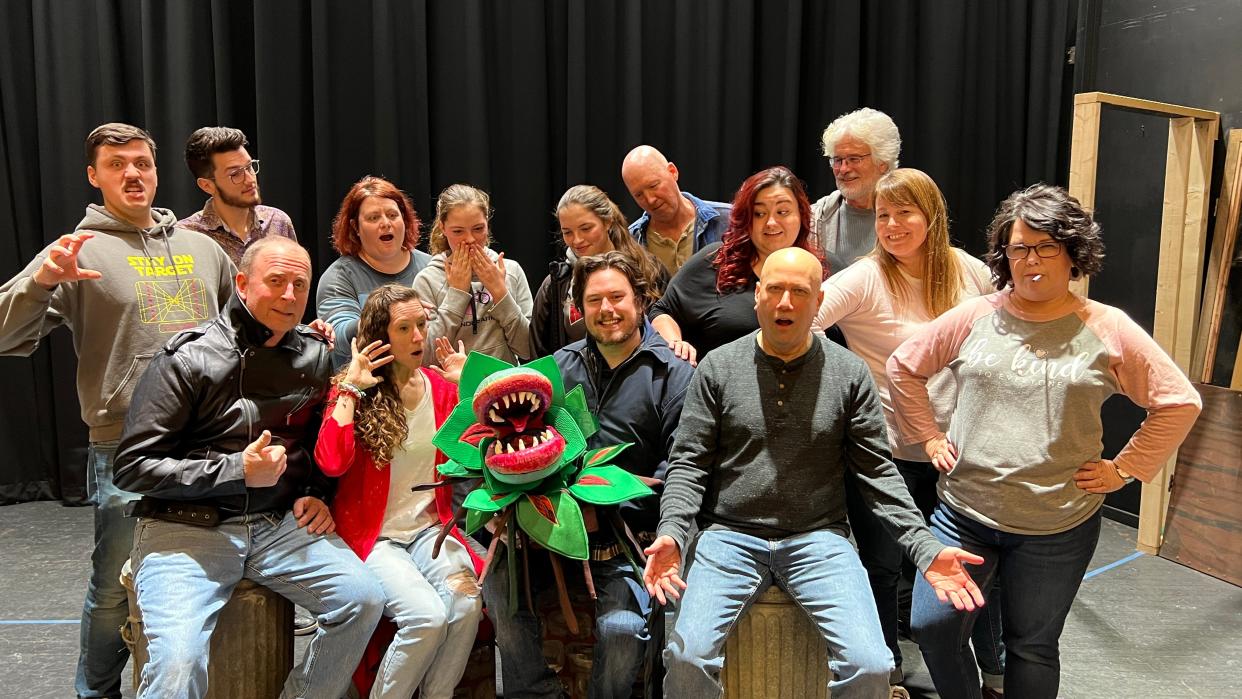 Pictured is the cast of Mohican Community Theatre's Little Shop of Horrors. In the back row from left to right are Nate Roblin, Cameron MacQueen, Laurie Bower, Hannah Endslow, Natalie Endslow, Larry Kauffman, Rachel Kelly, Scott Loveday and Jenny Carrol. In the front row, Dennis Morgan, Rachel Miller, Zachary Kistler, Grant Hollenbach, and Amy Loveday.
