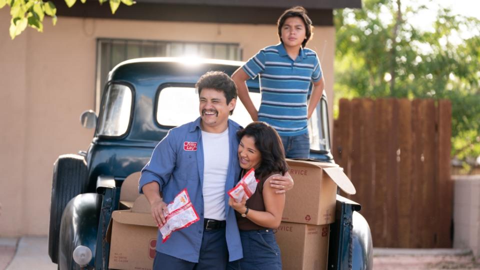 Jesse Garcia, Annie Gonzalez, and Hunter Jones in FLAMIN’ HOT. Photo by Emily Aragones. Courtesy of Searchlight Pictures. © 2023 20th Century Studios All Rights Reserved.