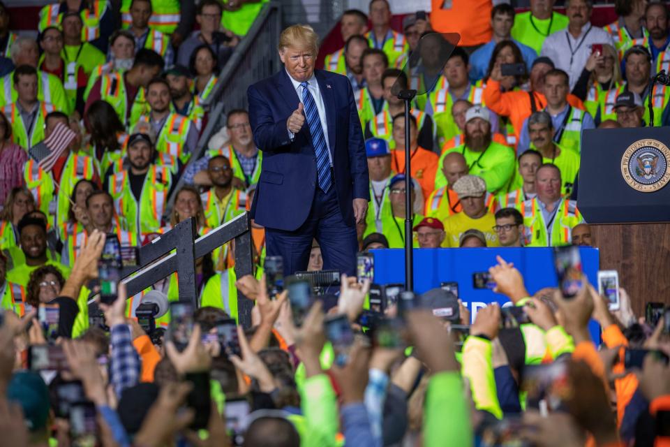 President Donald Trump walks on stage before speaking to a crowd of construction workers before touring Royal Dutch Shell's petrochemical cracker plant on Aug. 13, 2019 in Monaca, Pa.