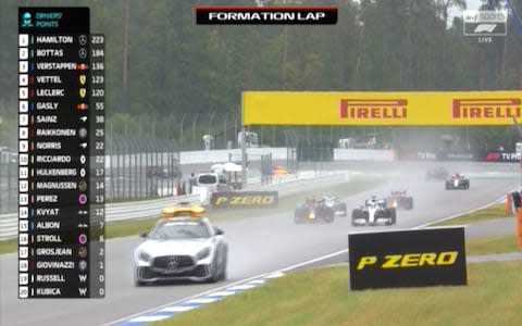 Cars behind the safety car on the formation lap - Credit: SKY SPORTS F1