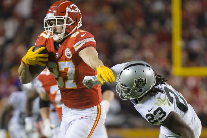 Tight end Travis Kelce (L) of the Kansas City Chiefs is the No. 4 player in my Week 3 rankings. File Photo by Kyle Rivas/UPI