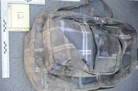 A plaid backpack Is seen in this undated handout evidence photo provided by the U.S. Attorney's Office in Boston, Massachusetts on March 25, 2015. REUTERS/U.S. Attorney's Office/Handout