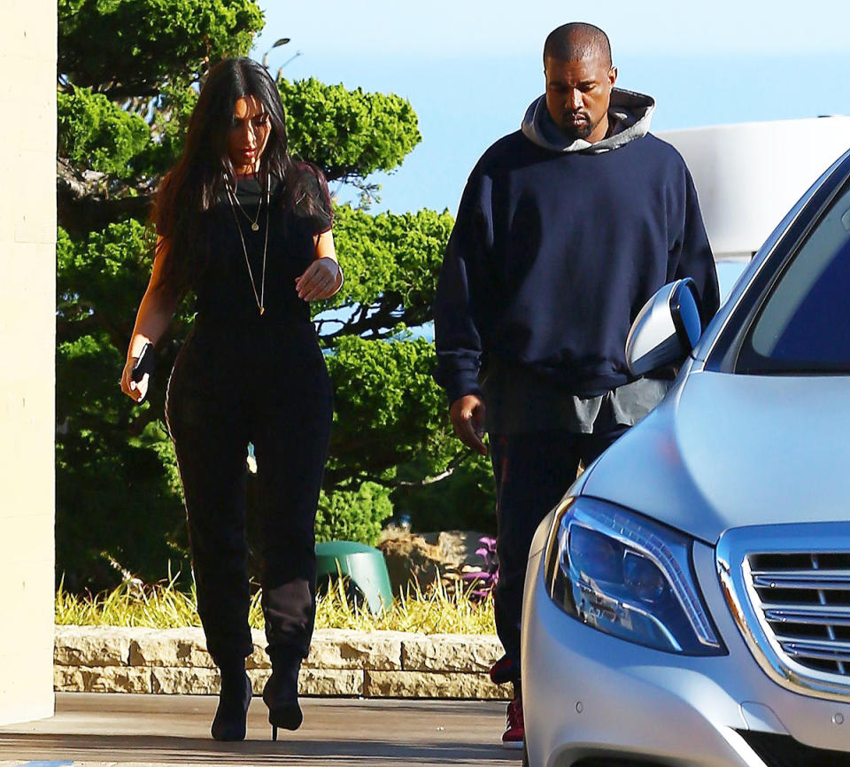 <p>As they left their lunch date yesterday at Nobu in Malibu, the Kardashian-Wests were spotted keeping it casual in matching sweatpants. The reality star accessorized her all-black ensemble with gold necklaces and stiletto ankle boots, while the rapper wore a sweater over his hoodie.</p> <p>While they're surely still donning fashion-forward designer pieces on the regular, we're surprised to see Kim and Kanye dressed down and looking quite normal, considering the special occasion—a total shift from their usual extravagance. We have to admit: We're kinda liking the new Kimye.</p> <h4>Splash News</h4>