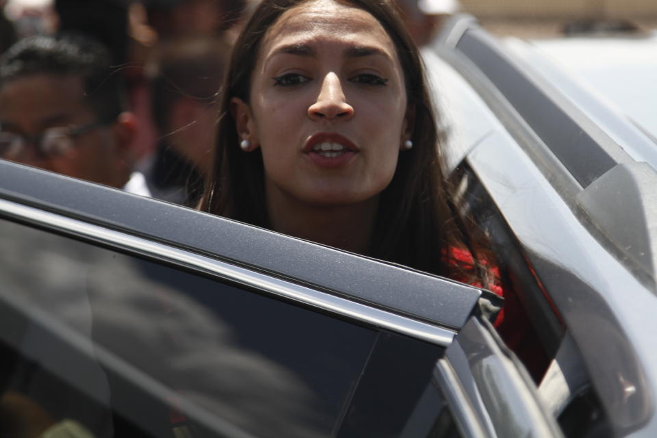 Rep. Alexandria Ocasio-Cortez, of New York, gets in an SUV after touring the inside of the Border Patrol station in Clint, Texas, Monday, July 1, 2019. Ocasio-Cortez spoke alongside fellow members of the Hispanic Caucus. (AP Photo/Cedar Attanasio)