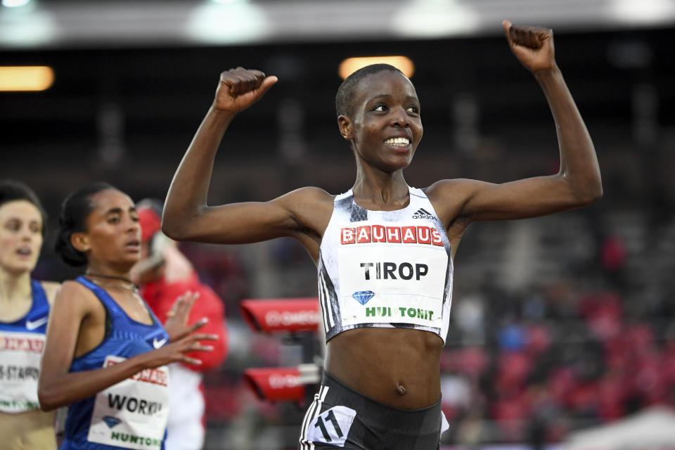 FILE - In this Thursday, May 30, 2019 file photo, Agnes Tirop of Kenya smiles after winning the women's 1500m race at the IAAF Diamond League meeting at Stockholm Olympic Stadium in Stockholm, Sweden. Kenyan runner Agnes Tirop, a two-time world championships bronze medalist, has been found dead at her home in Iten in western Kenya, the country's track federation said Wednesday, Oct. 13, 2021. (Fredrik Sandberg/TT News Agency via AP, File)