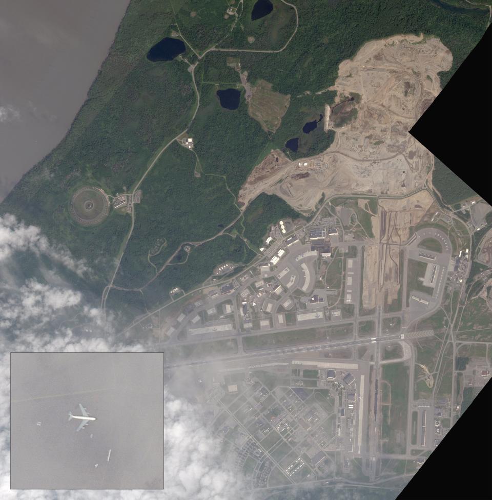 A satellite image of Elmendorf Air Force Base, formally part of Joint Base Elmendorf-Richardson, taken on July 24th, 2023. Evidence of the runway extension "mega-project" is plainly visible at the northeastern end of the base. You can see an RC-135 Rivet Joint sitting on the southwest ramp area as well. <em><em>PHOTO © 2023 PLANET LABS INC. ALL RIGHTS RESERVED. REPRINTED BY PERMISSION</em></em>