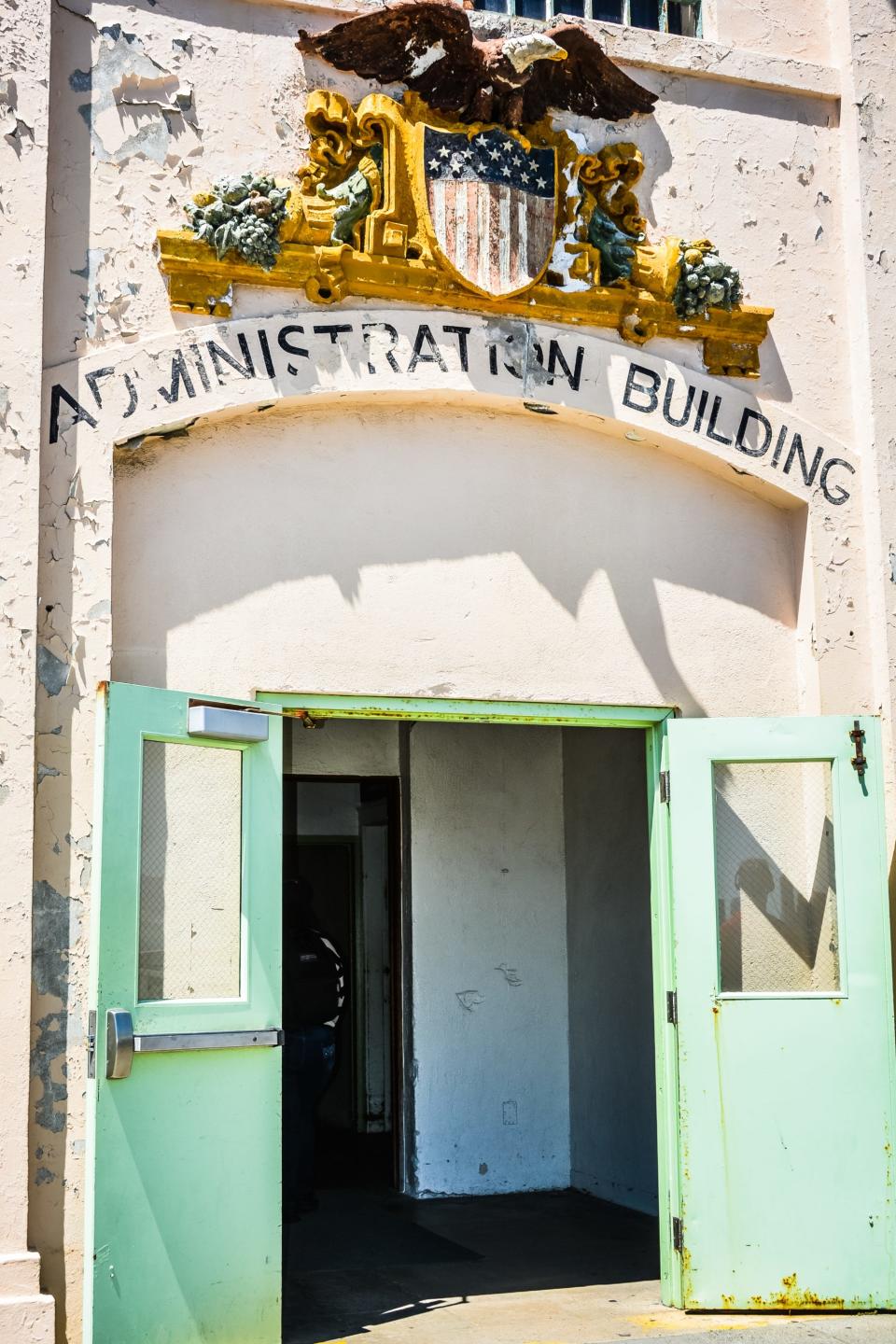 Front doors to the administration building at the entrance to Alcatraz prison.