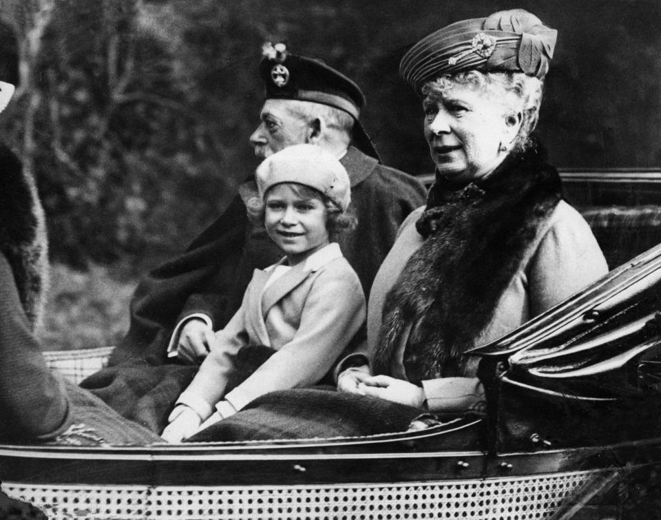 Princess Elizabeth sitting in the horse drawn carriage with her grandparents King George V and Queen Mary on the way back to Balmoral after attending church at nearby Crathie. 5th September 1932. 00124625 (Photo by Daily Mirror/Mirrorpix/Mirrorpix via Getty Images)