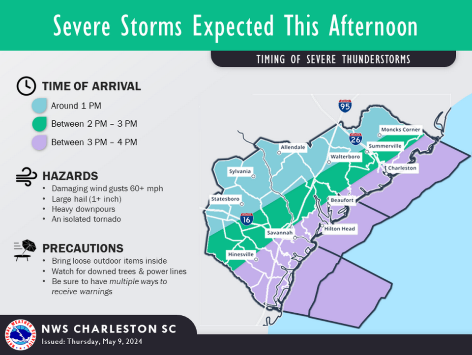 Timing of expected thunderstorms on Thursday, May 9, 2024. National Weather Service Charleston Office