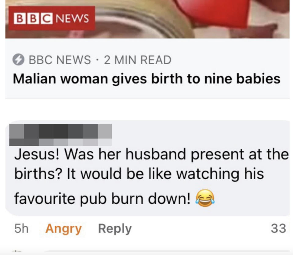 headline of a woman giving birth to nine babies and a man responding and comparing her to a pub burning down