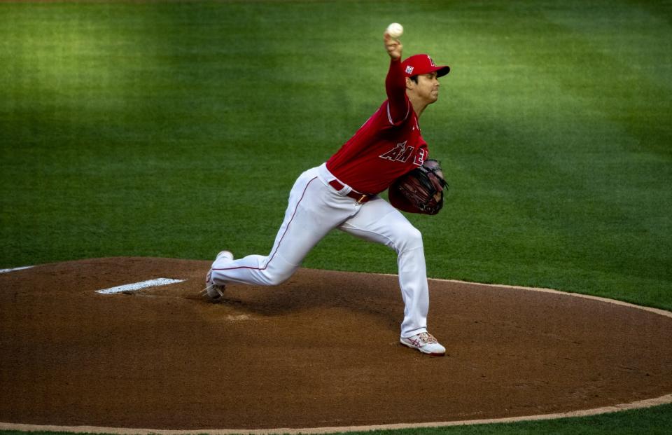 Shohei Ohtani pitched four scoreless innings against the Texas Rangers on Tuesday at Angel Stadium.
