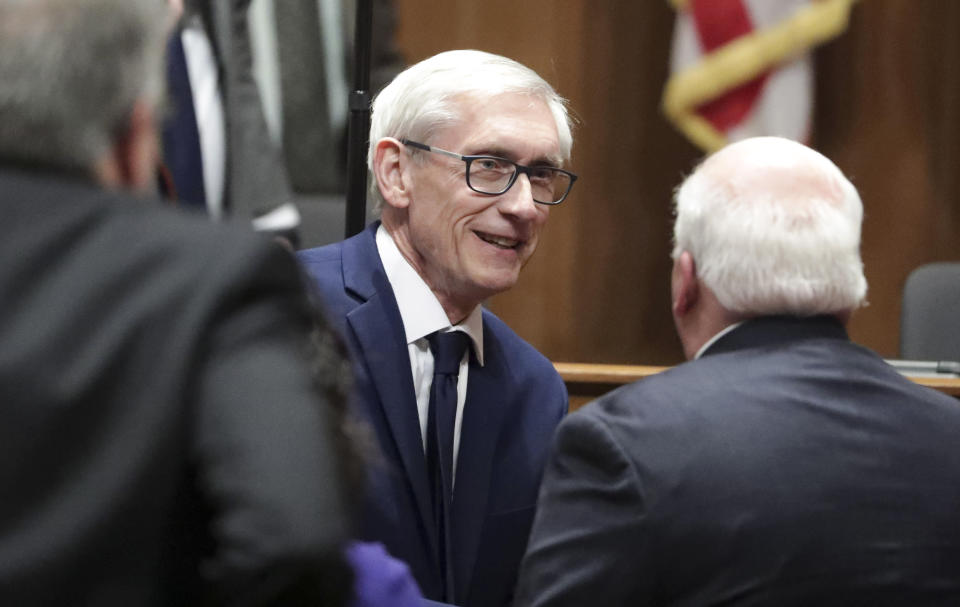 Wisconsin Governor Tony Evers shakes hands with Senate Majority Leader Scott Fitzgerald, R-Juneau, after he unveiled his state budget at the State Capitol Thursday, Feb. 28, 2019, in Madison, Wis. (Steve Apps/Wisconsin State Journal via AP)