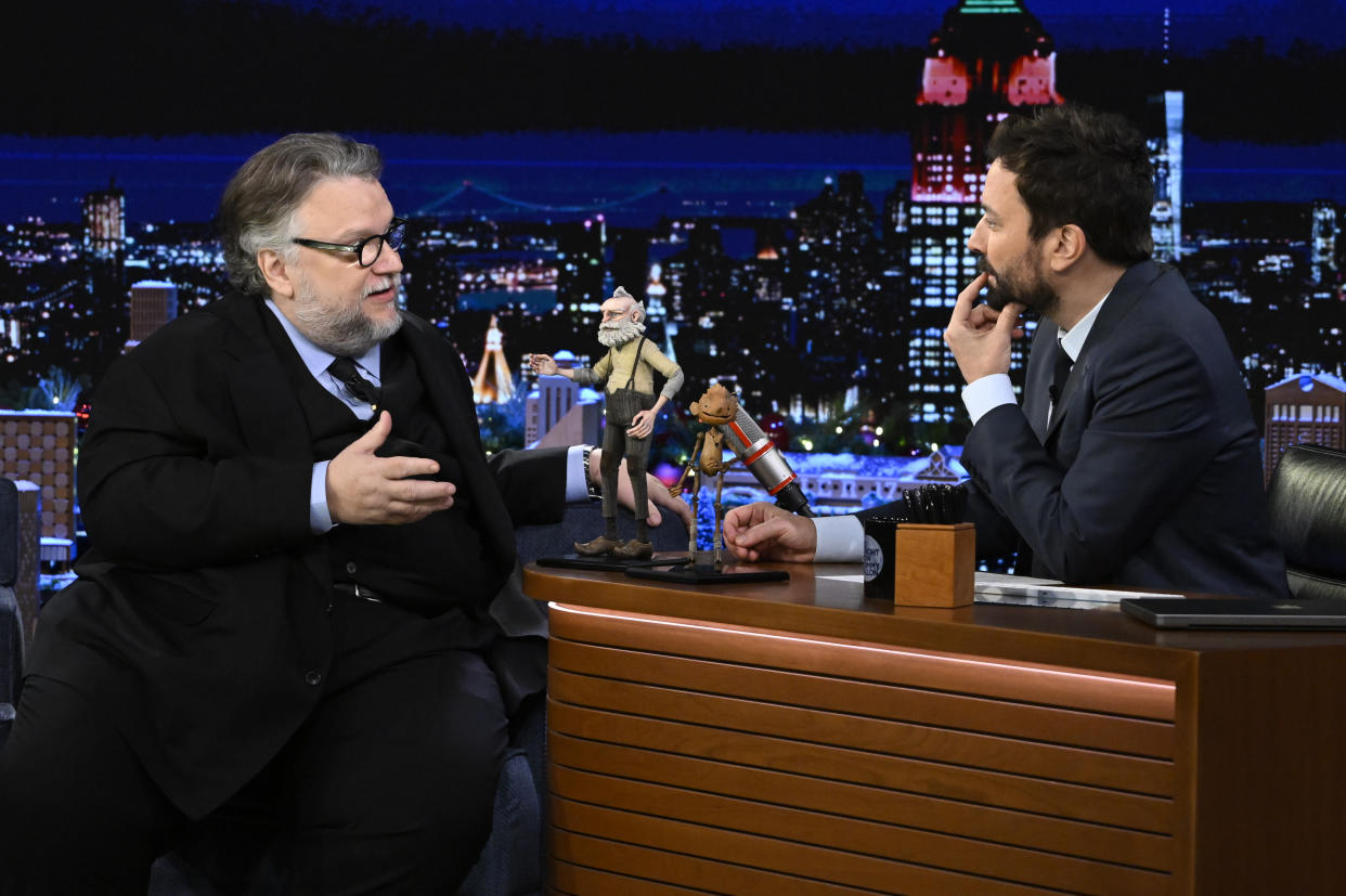 THE TONIGHT SHOW STARRING JIMMY FALLON -- Episode 1760 -- Pictured: (l-r) Film director Guillermo del Toro during an interview with host Jimmy Fallon on Tuesday, December 6, 2022 -- (Photo by: Todd Owyoung/NBC via Getty Images)