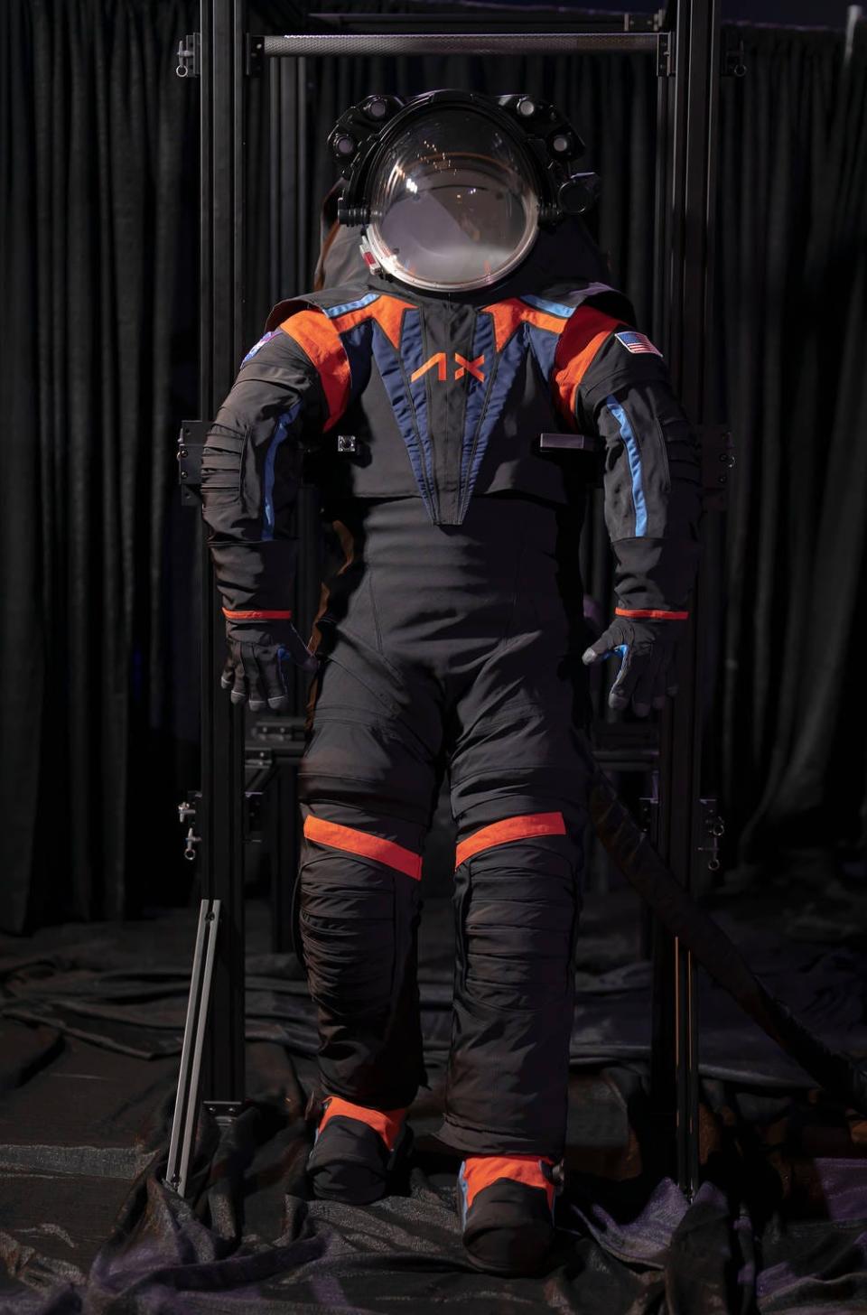 A prototype spacesuit for NASA's Artemis III mission is shown. The final version of the suit will likely be all-white, NASA said.
