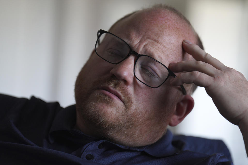 Former Jehovah's Witnesses elder and father of a sexual abuse victim, Martin Haugh, gives an interview at his home in York Haven, Pa., on Wednesday, April 12, 2023. Haugh and his family left the organization in 2016, and in 2019 he testified in front of a Pennsylvania grand jury about the structure of the denomination and how it handles cases of child abuse. The four-year grand jury investigation overseen by the attorney general's office has produced charges of child sexual abuse against nine men, all affiliated with the faith. (AP Photo/Jessie Wardarski)