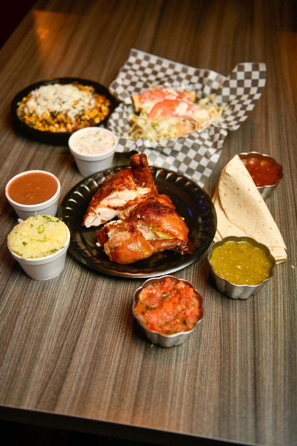 Pollos Bros signature dishes, chicken, elote Bowl, and Taquitos. (James Quigg, for the Daily Press)