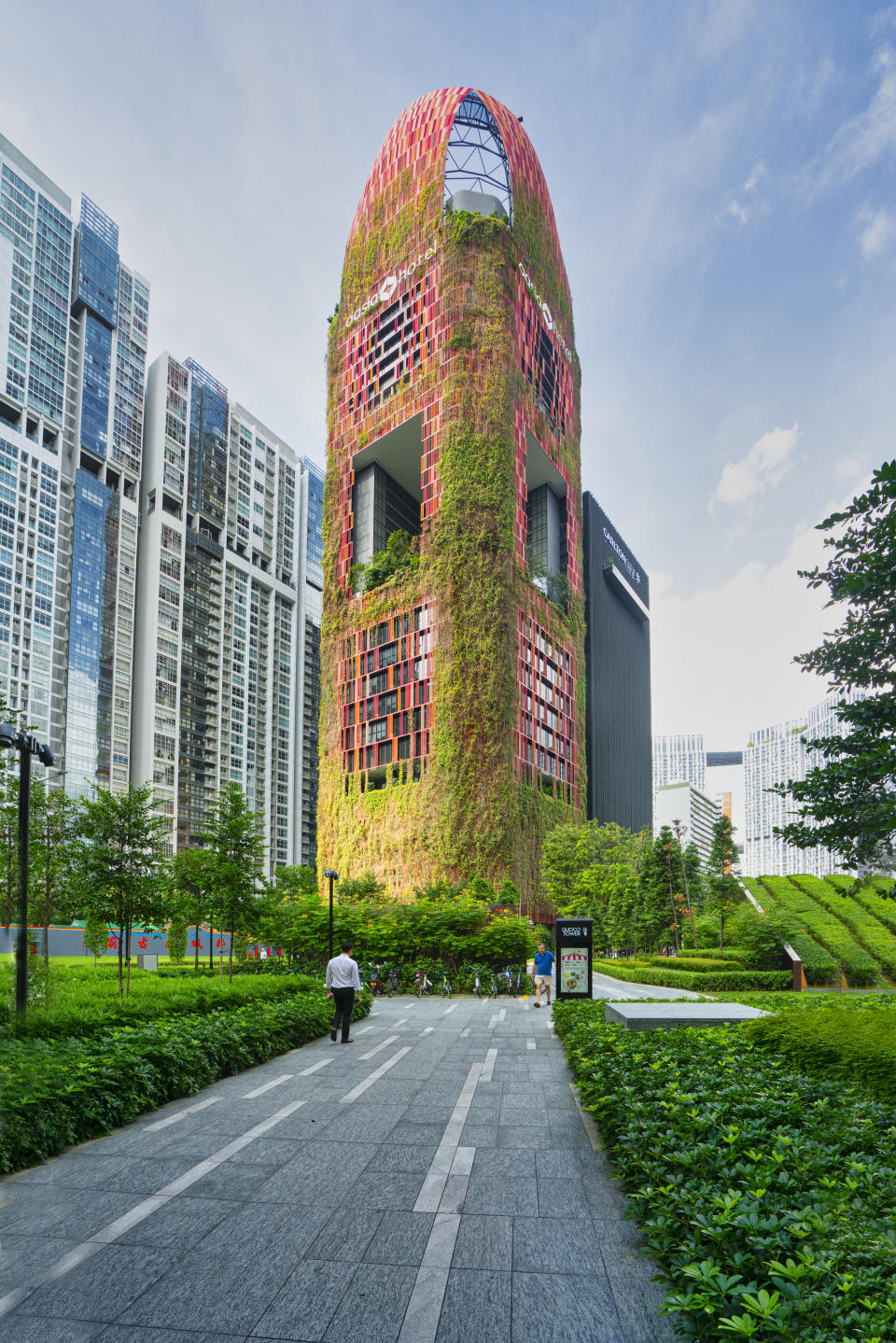 Singapore. January 2020.  Oasia Hotel building is a verdant tower of green in the heart of Singapore