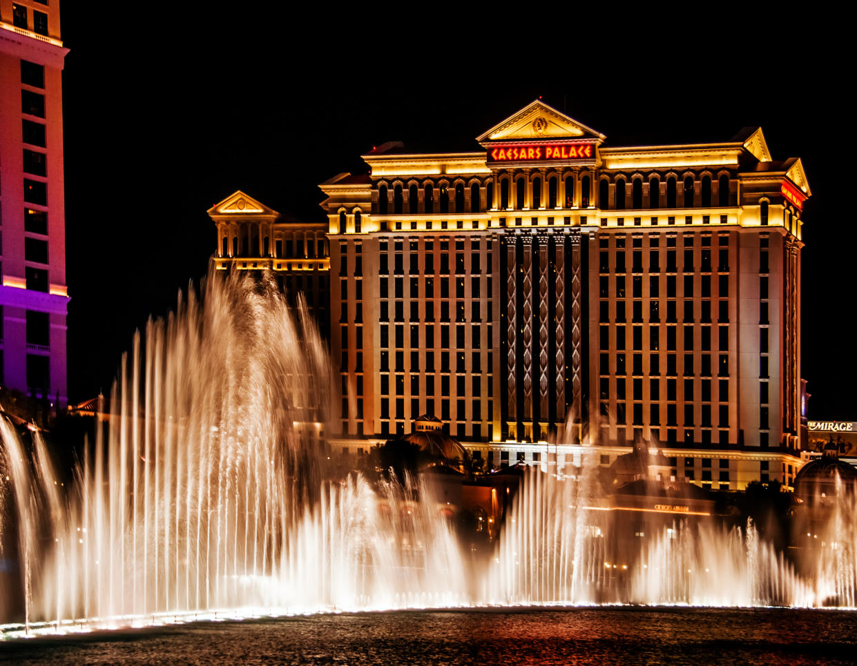 The Caesars Palace Hotel is shown behind some of the fountains of the Bellagio Hotel (not shown) in Las Vegas, Nevada.