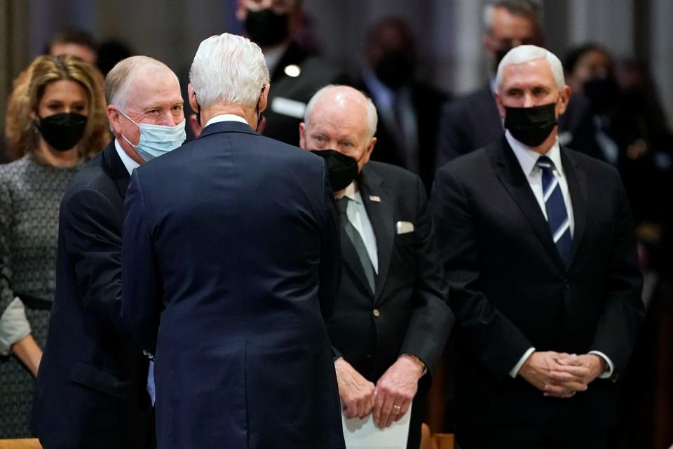 From left, former Vice Presidents Dan Quayle, Dick Cheney and Mike Pence attend the funeral of former Sen. Bob Dole, R-Kansas, at the Washington National Cathedral on Dec. 10, 2021.