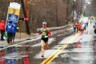 Apr 16, 2018; Boston, MA, USA; Yuki Kawauchi leads the elite mens field on the 2018 Boston Marathon course. Mandatory Credit: Paul Rutherford-USA TODAY Sports