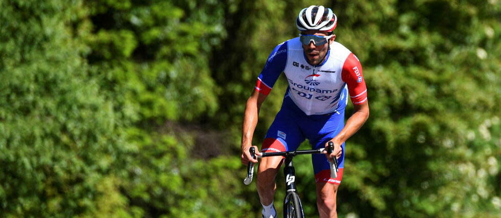 Thibaut Pinot en reconnaissance à La planche des Belles Filles (1 148 mètres d'altitude), dans les Vosges, l'une des arrivées les plus attendues de ce Tour 2022.
