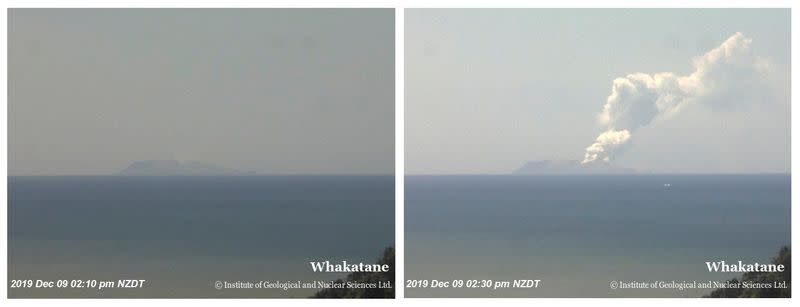 Combination photo shows Whakaari, also known as White Island, volcano shortly before and after eruption in New Zealand